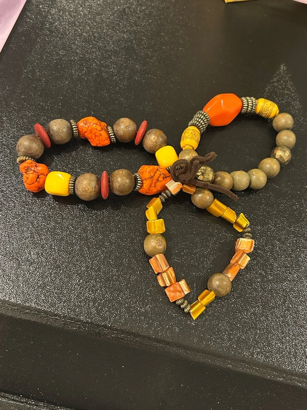 Boho Earth Tone Eclectic Mixed Bead 3-Piece Bracelet Set Orange Brown Yellow